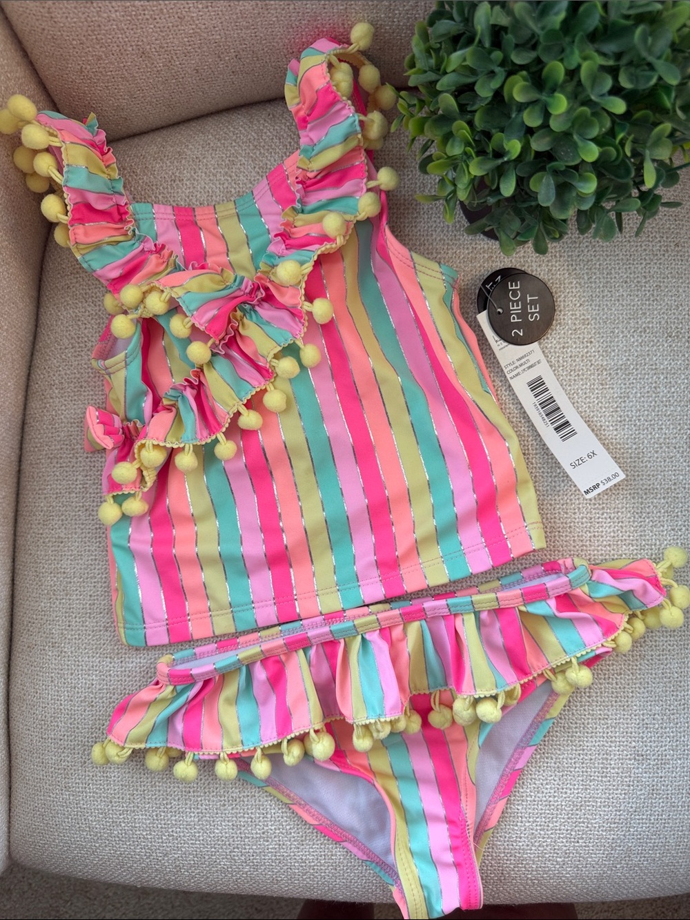 Nicole Miller New York Girls' Multicolor Stripe Pom Pom 2-Piece Swim Bikini NWT